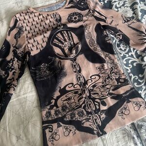 JPG Style Tattoo Sheer Mesh Tattoo Print Graphic Top
